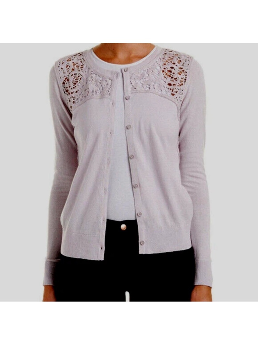 CAbi Lace-Yoke Cardigan Sweater - Light Lavender